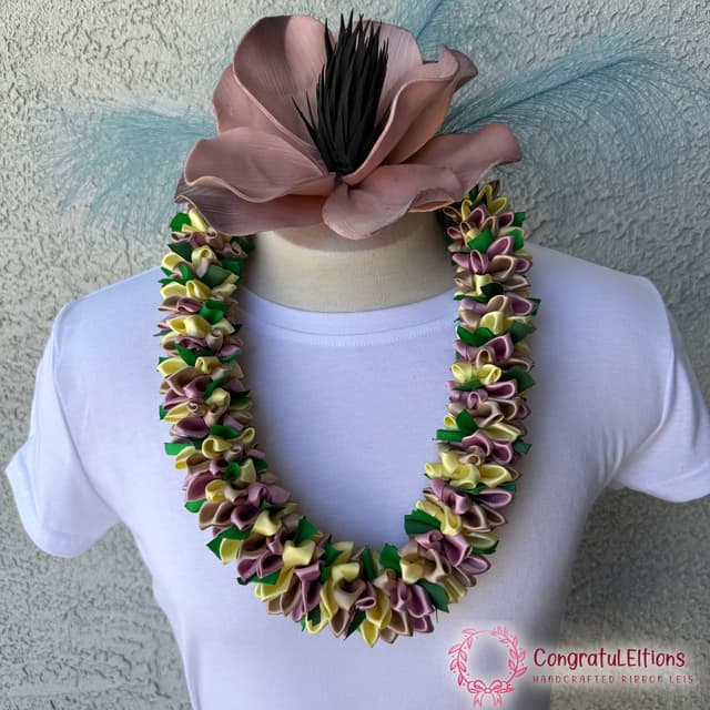 Premium magnolia-style ribbon lei with layered petals
